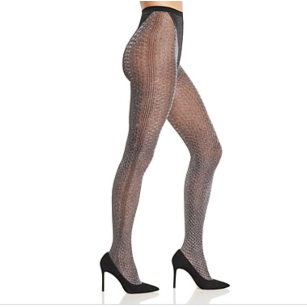 NIB Womens Small  Fogal Kristal Diamond Design Pantyhose Tight Black Silver